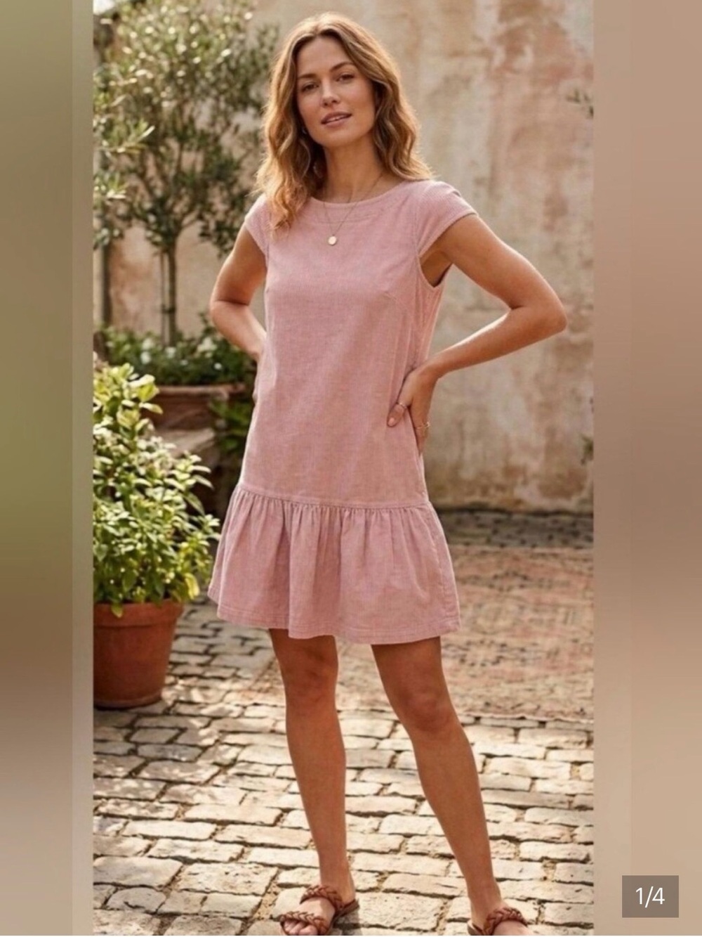 Maeve by Anthropologie Dusty Pink Cap-Sleeve Ruffle-Hem corduroy Mini Dress Sz 2